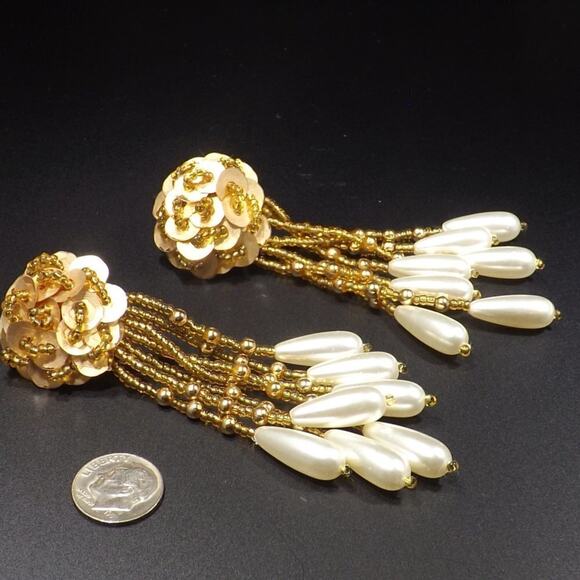 Vintage Gold Sequin Bead Dangle Earrings, Long Tassel Pearl Drop Clip On Jewelry - Picture 8 of 8